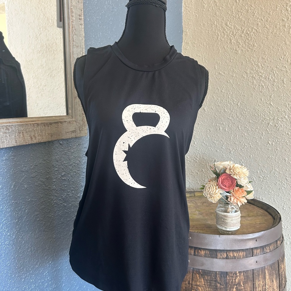 Black Graphic Muscle Tank with White Kettlebell Crescent Print